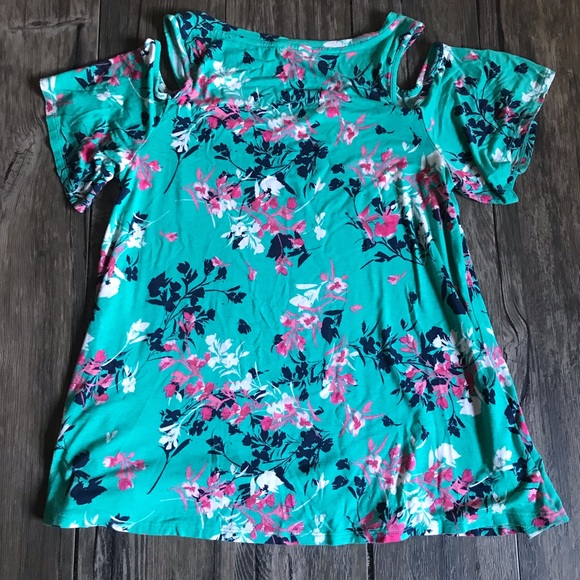 Cold Shoulder WESTPORT Flowered Short Sleeve Shirt - Picture 2 of 6